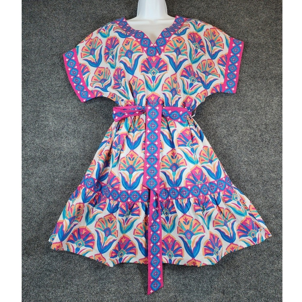 Printfresh Women Boho Cottagecore Resort Vacation Cotton Belted Mini Dress M NWT
